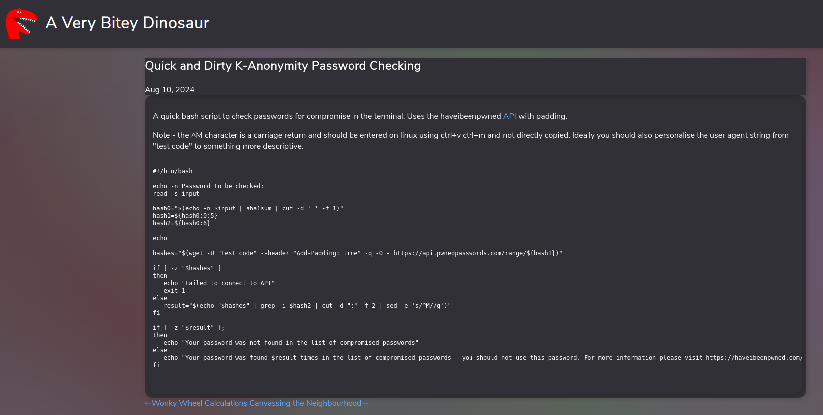 an image of the article Quick and Dirty K-Anonymity Password Checking on the new site, but this time with the old dark colour scheme and lava lamp like background