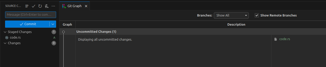 vscode showing a new file code.rs staged and ready to commit