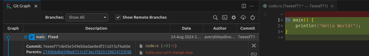 vscode showing a new commit adding hello world code, and deleting the file named haha you can't merge now