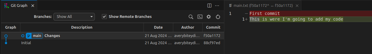 Two commits in vscode showing the file text changed