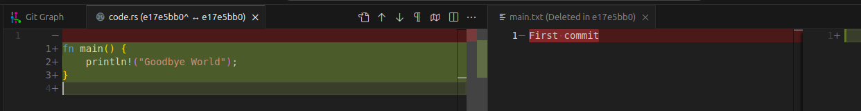 vscode showing main.txt deleted and a new function printing Goodbye World