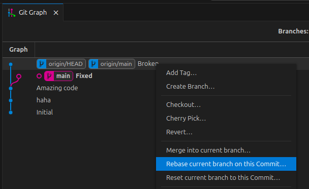 vscode showing menu with rebase current branch selected