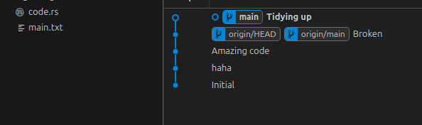 vscode showing one tidy commit which has also added back in main.txt