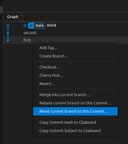 vscode showing a reset to commit one