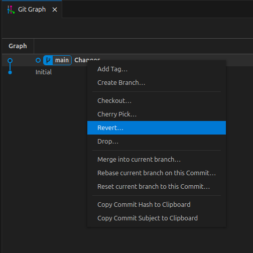 vscode menu showing hovering over the revert option