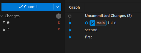 vscode showing all three commits again, along with two deletions of files in pending changes