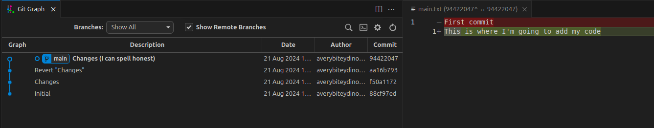 vscode graph showing four commits, changes, revert changes and then changes (I can spell honest)