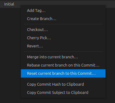 vscode showing the option to reset to initial commit