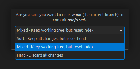 vscode showing the option to do soft/mixed/hard reset